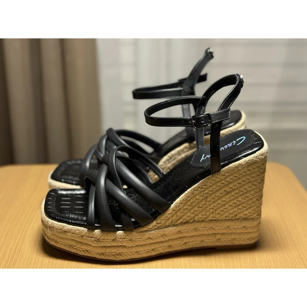 Circus NY By Sam Edelman Women Strappy Espadrille Wedge Sandal 9.5 Black Crocs - Picture 5 of 12